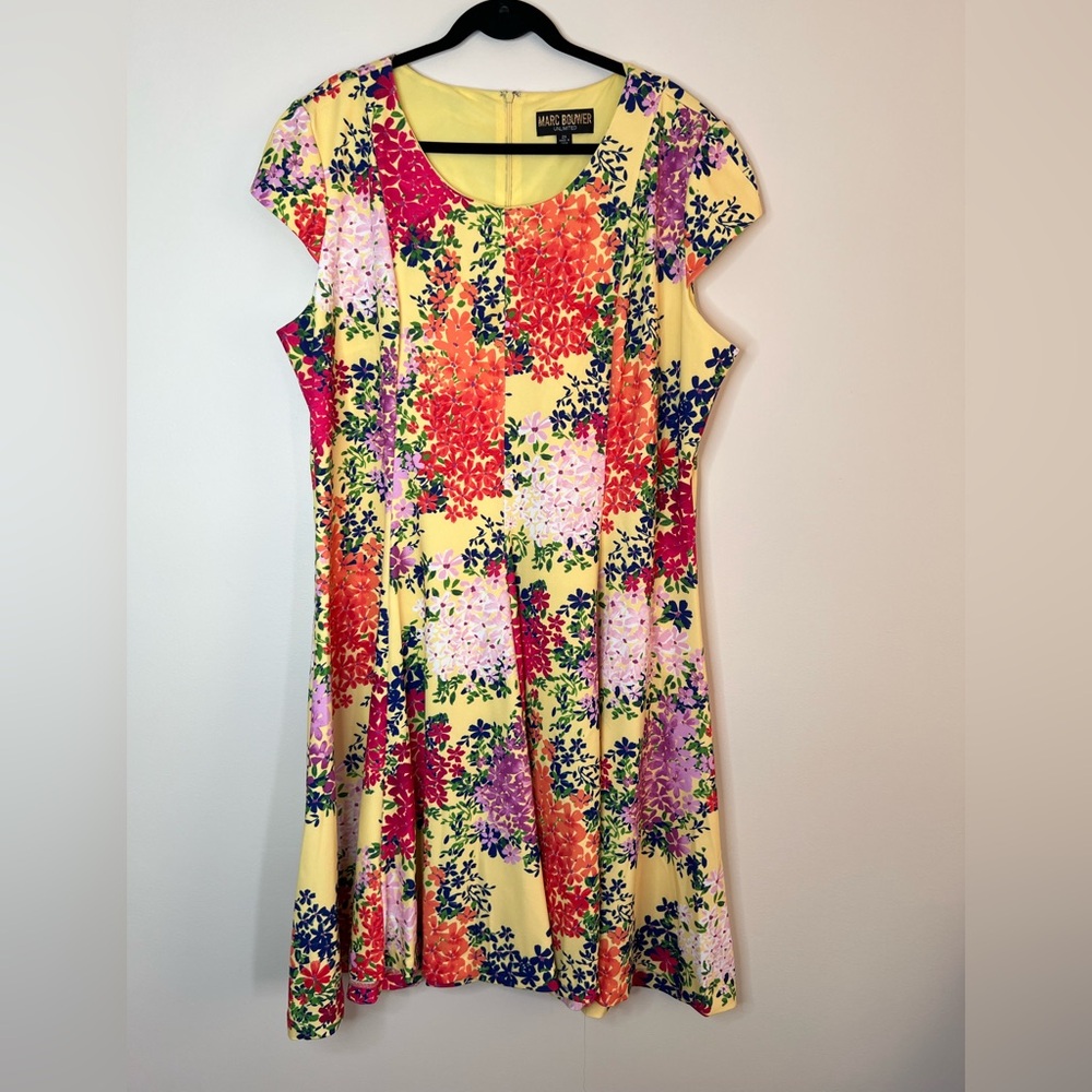 Marc Bouwer Womens Yellow Floral Dress Plus Size 2X Lined Cap Sleeve Multicolor